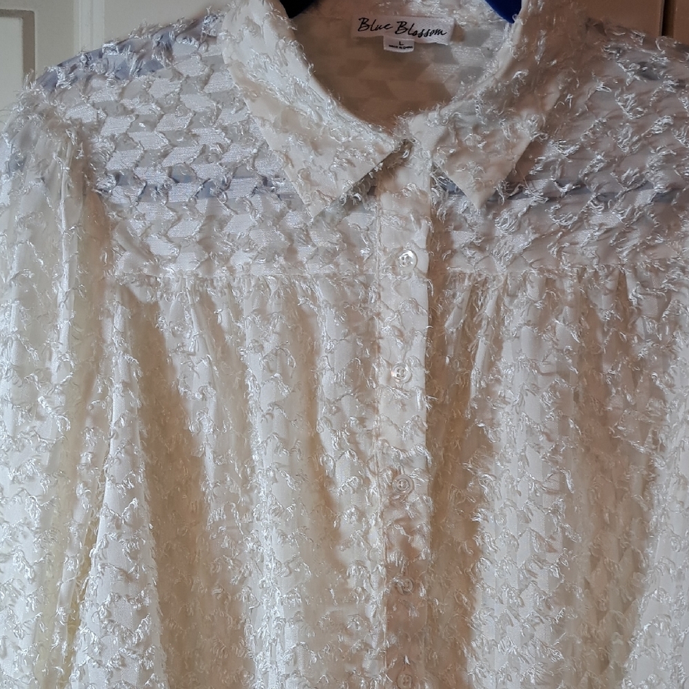 BLUE BLOSSOM White Textured Women's Blouse - Picture 2 of 5